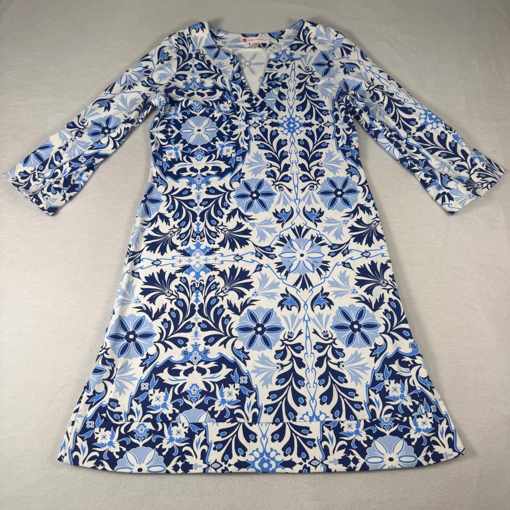 Jude Connally Dress Womens S Blue White Nylon Spandex Shift Floral Resort Wear